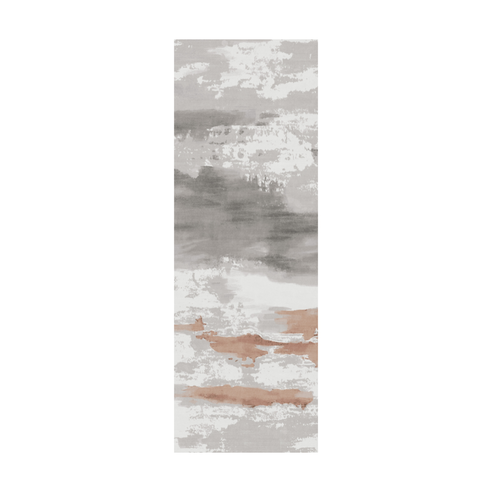 Ink Art Stria rug in gray and rose gold, enhancing modern home aesthetics.
