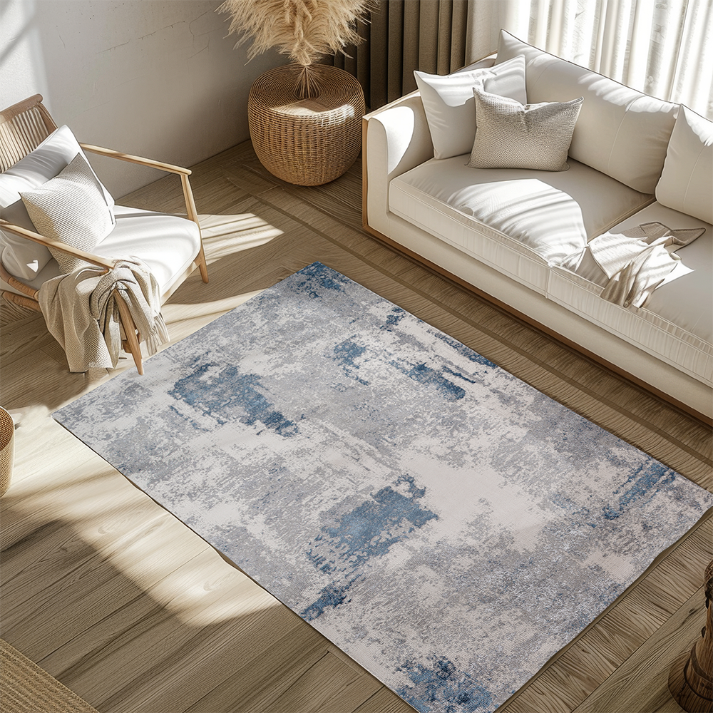 Sage Abstract Textured Rug in blue and gray, ideal for stylish, washable home decor.