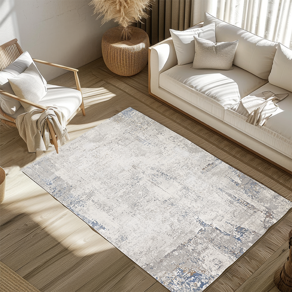 Gray and blue abstract textured rug in stylish living room