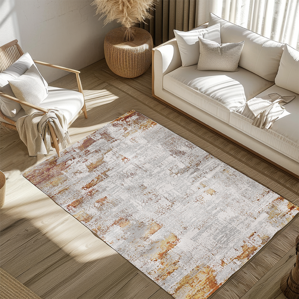 Willow Abstract Textured Rug in gray and orange tones, enhancing modern living room decor.