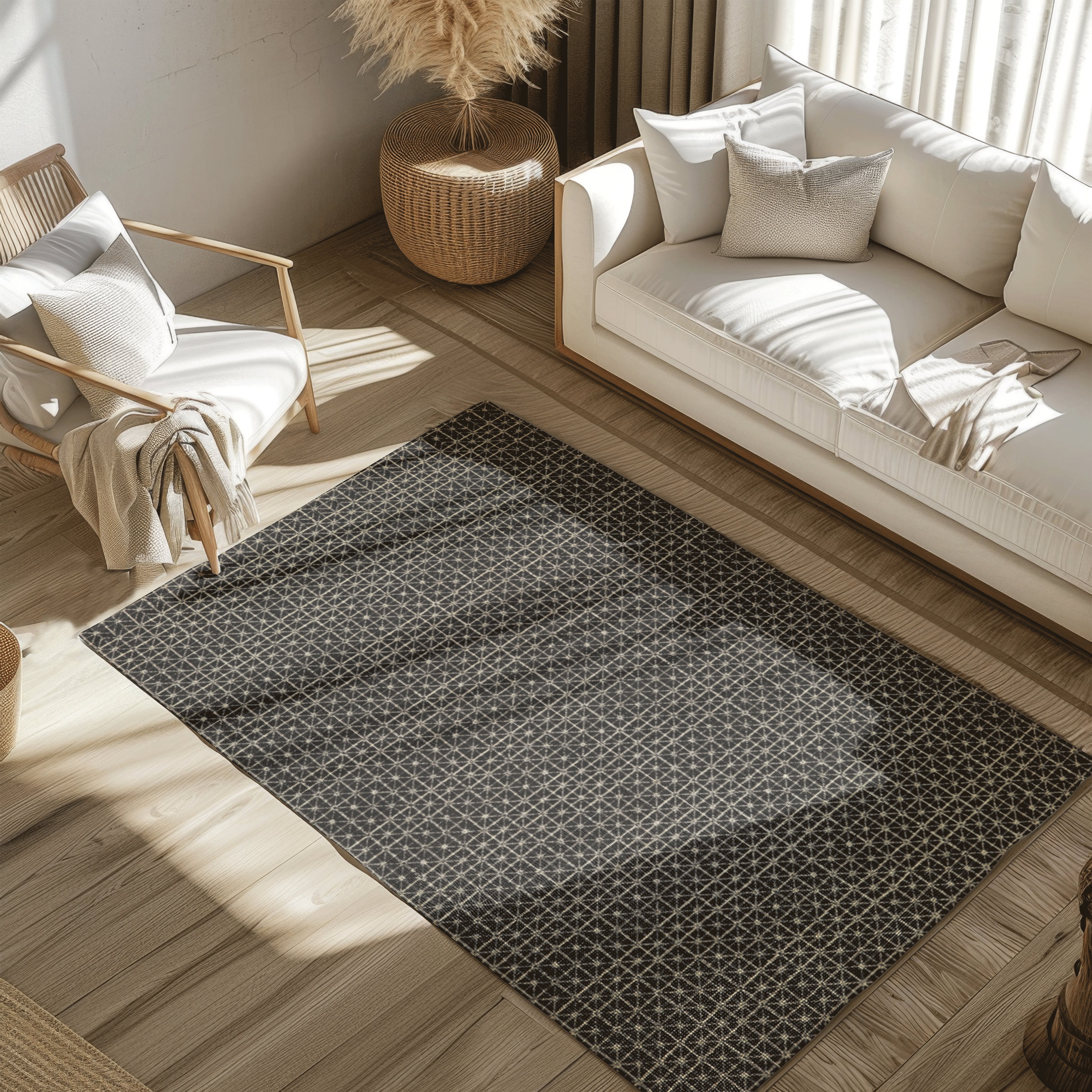 Geometric black and gold woven rug in a bright modern living room