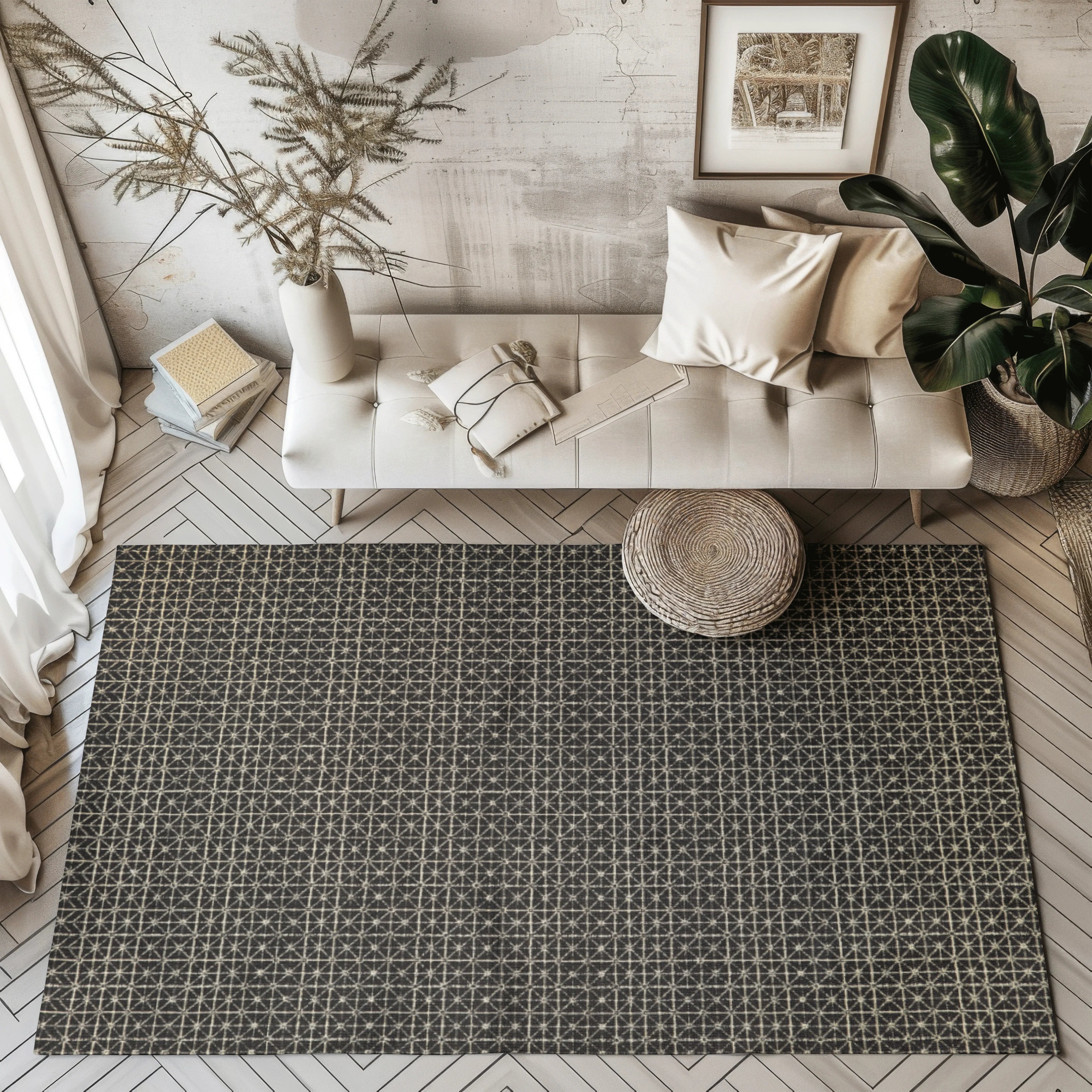 Geometric black and gold woven rug in modern living room decor
