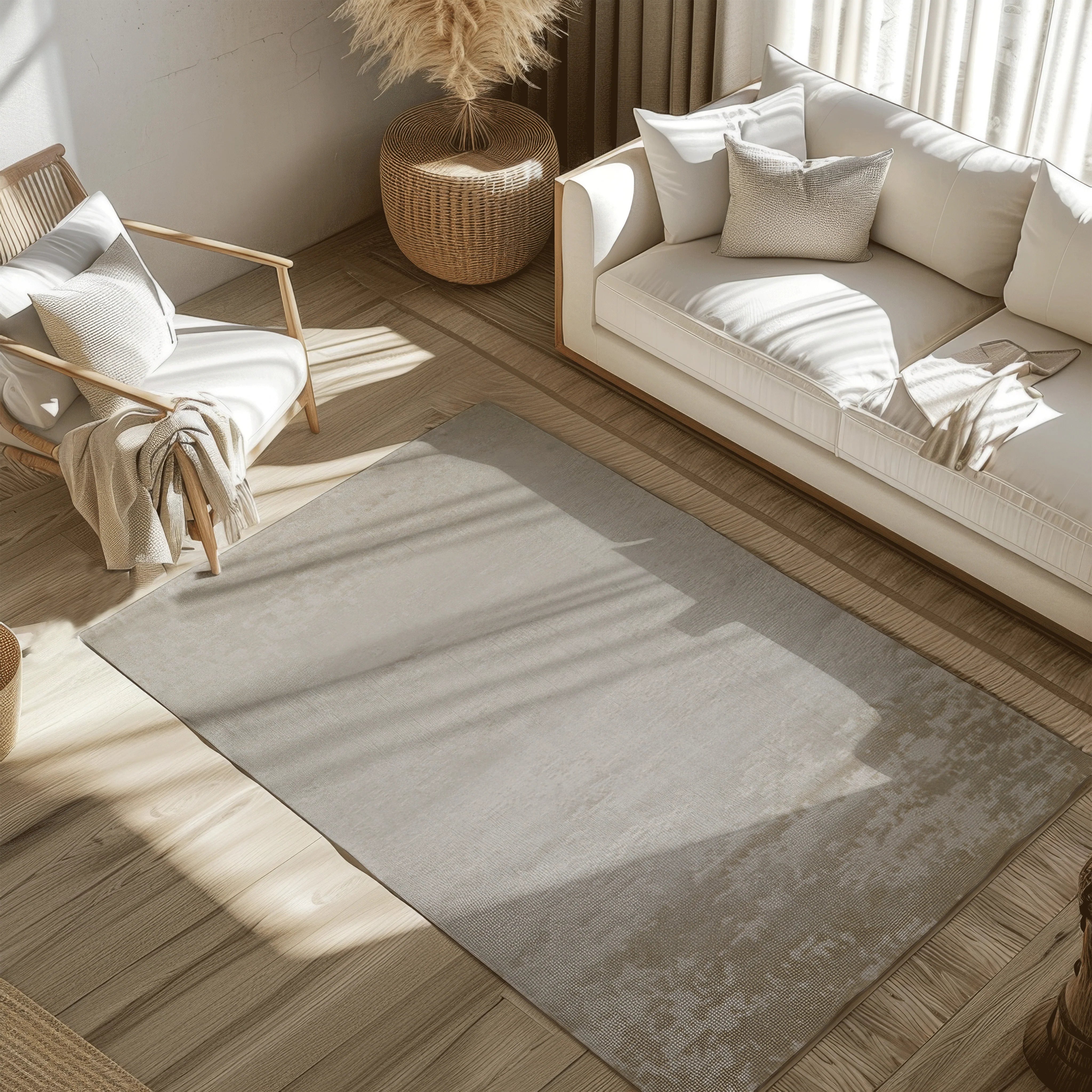 Light Radiant Solitude woven rug in modern living room with natural sunlight.