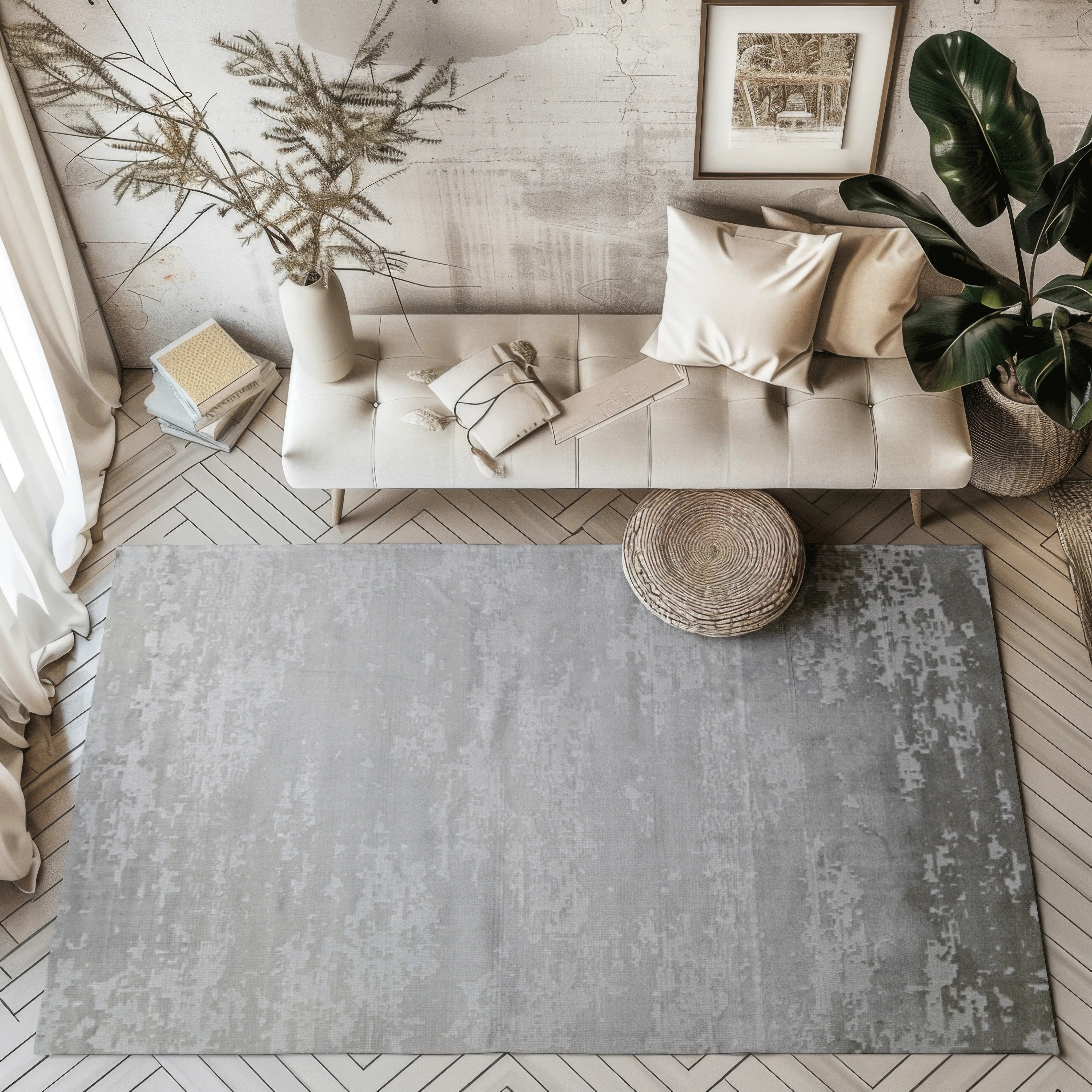 Light gray woven rug in modern living room with stylish decor and plants