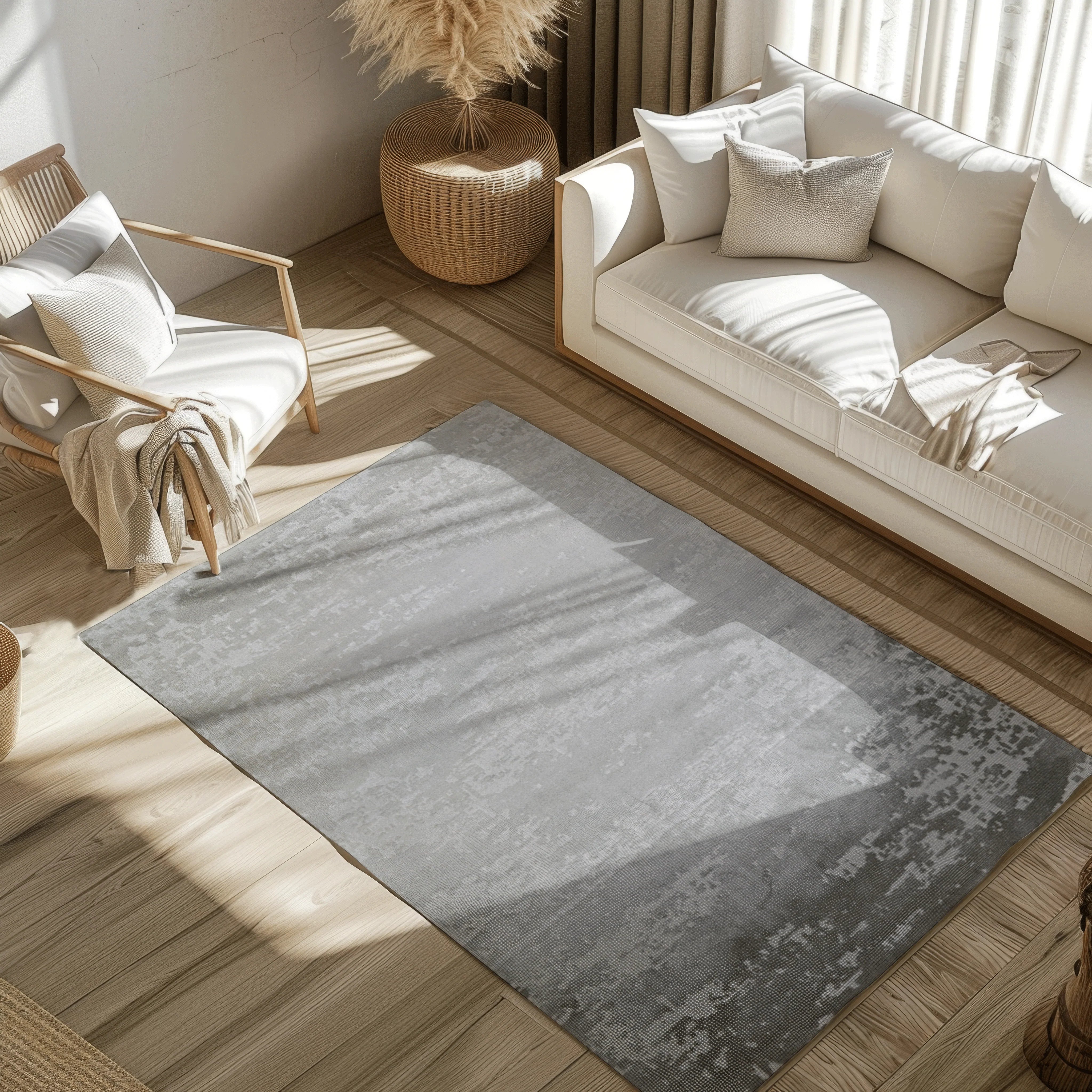 Light gray woven rug enhancing modern living room decor