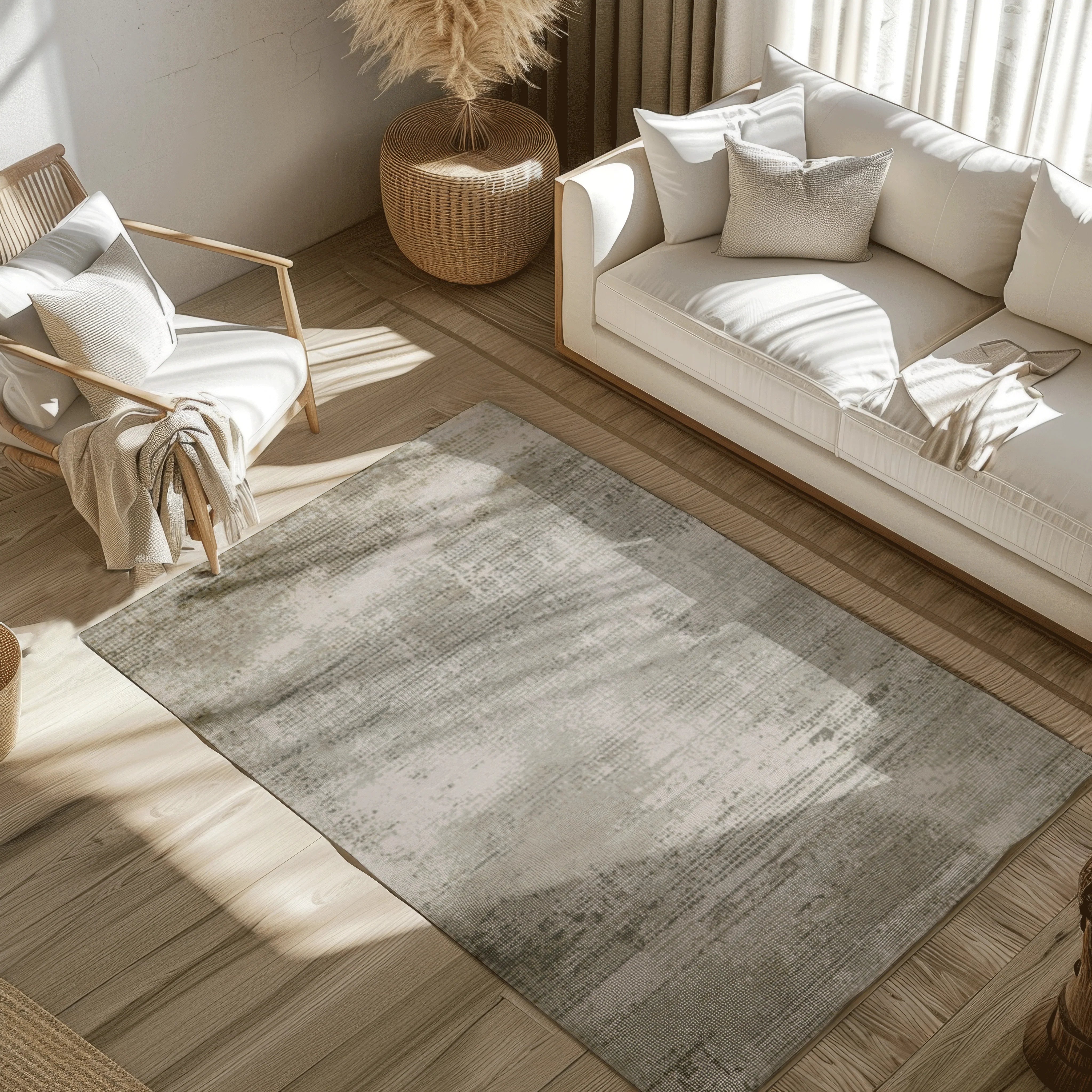Gray and beige Veiled Eternity blended woven rug in stylish living room setting