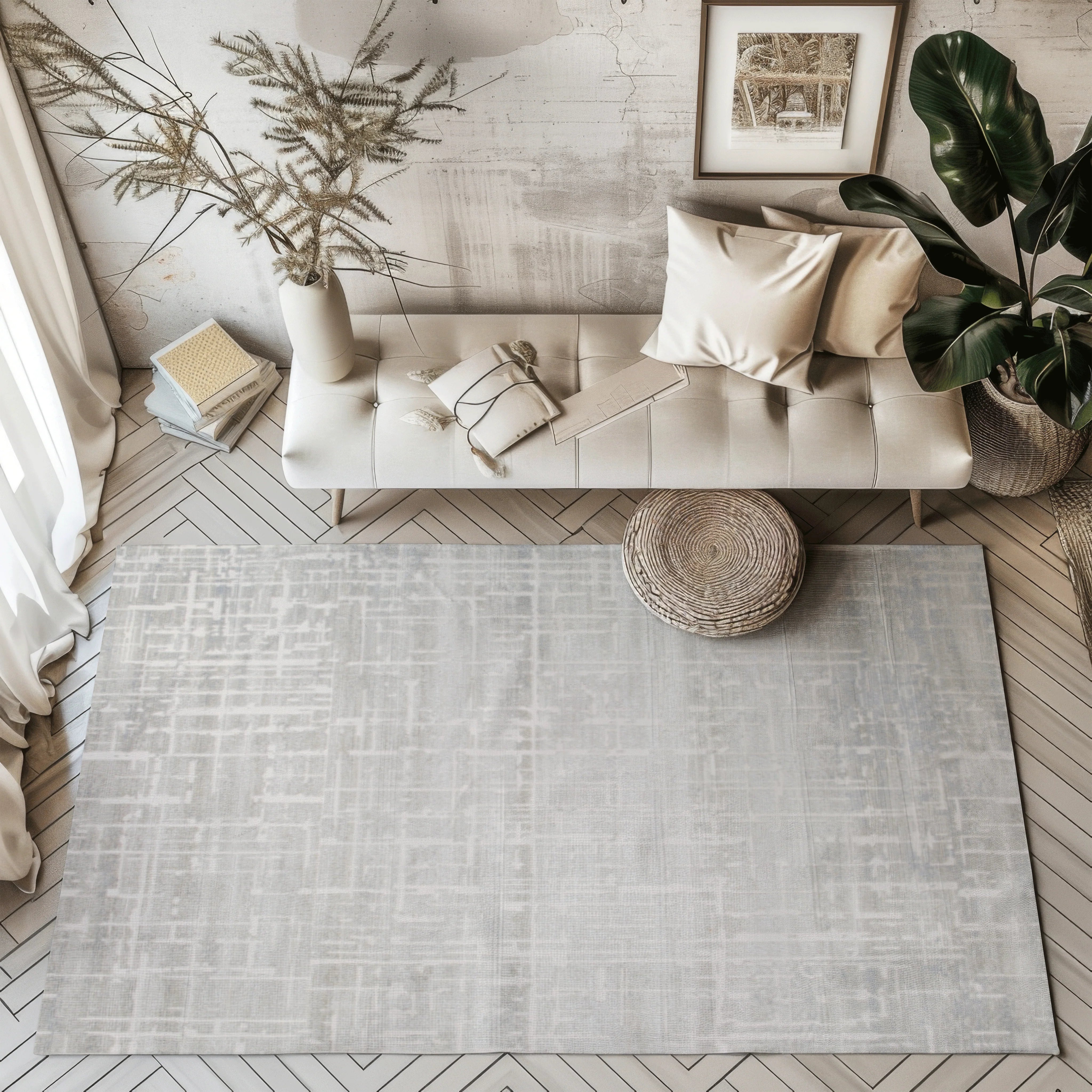 Gray and white Fading Embers woven rug in a bright, modern living room setting.