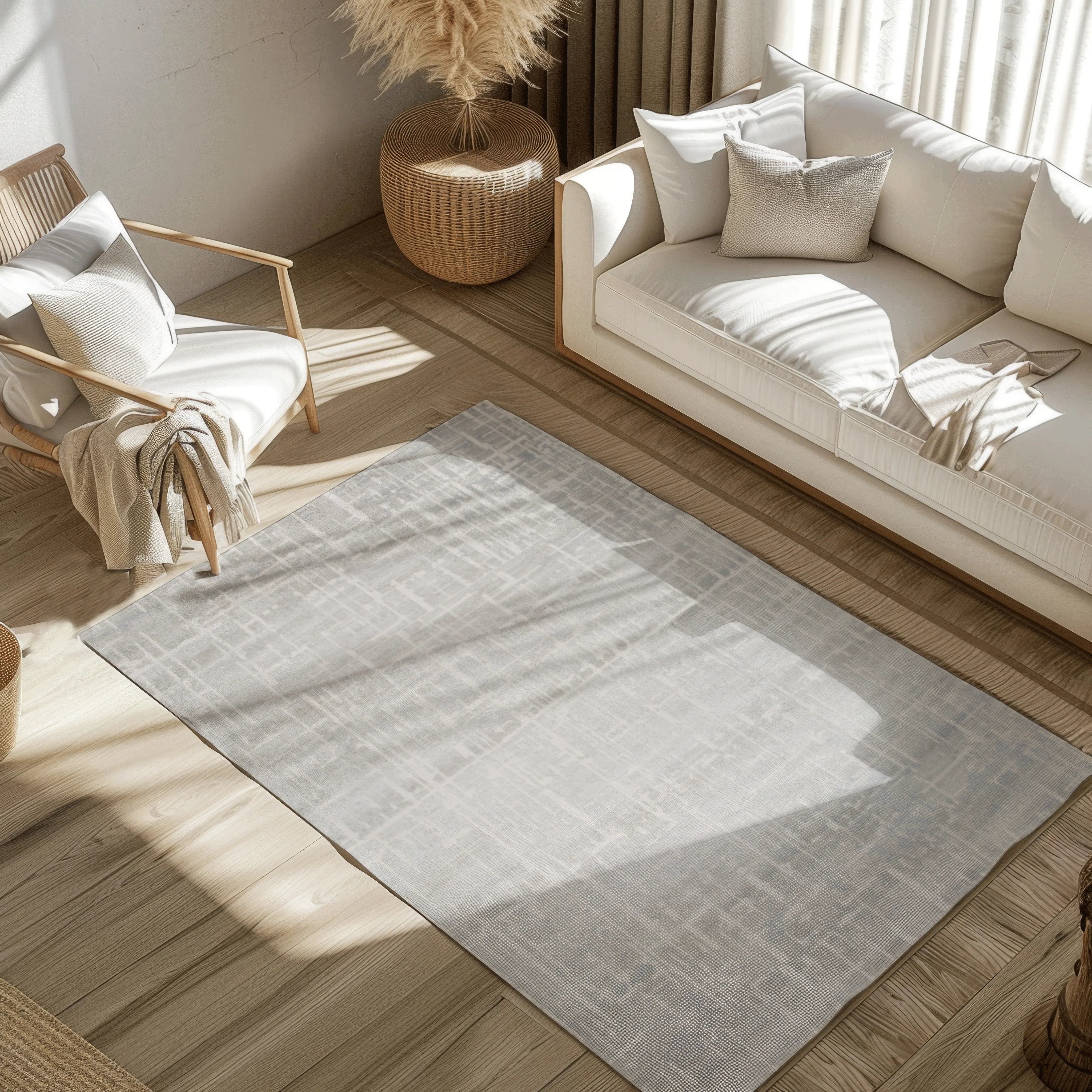 Gray and white Fading Embers modern woven rug in a sunlit living room