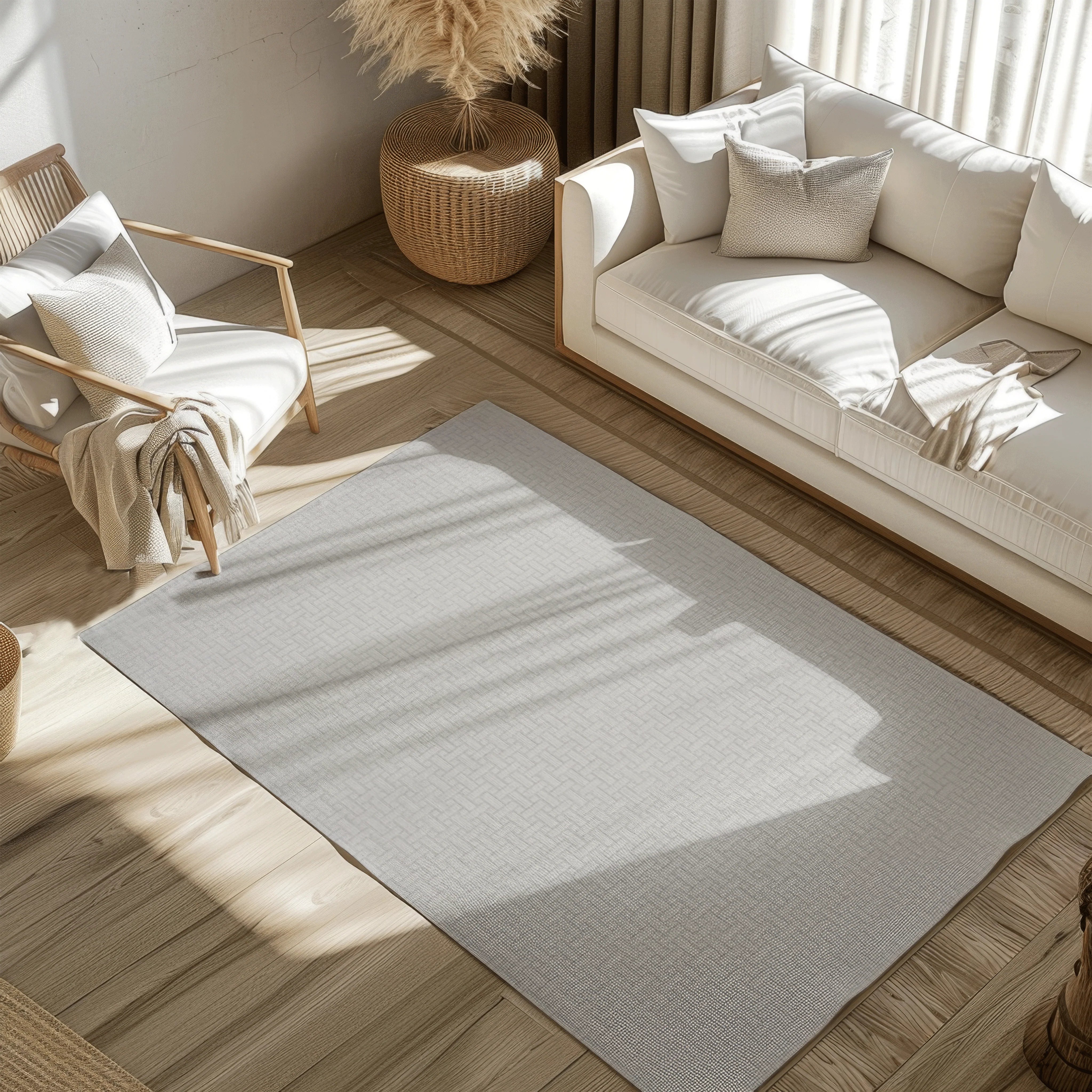 Light gray woven rug in modern living room with natural decor