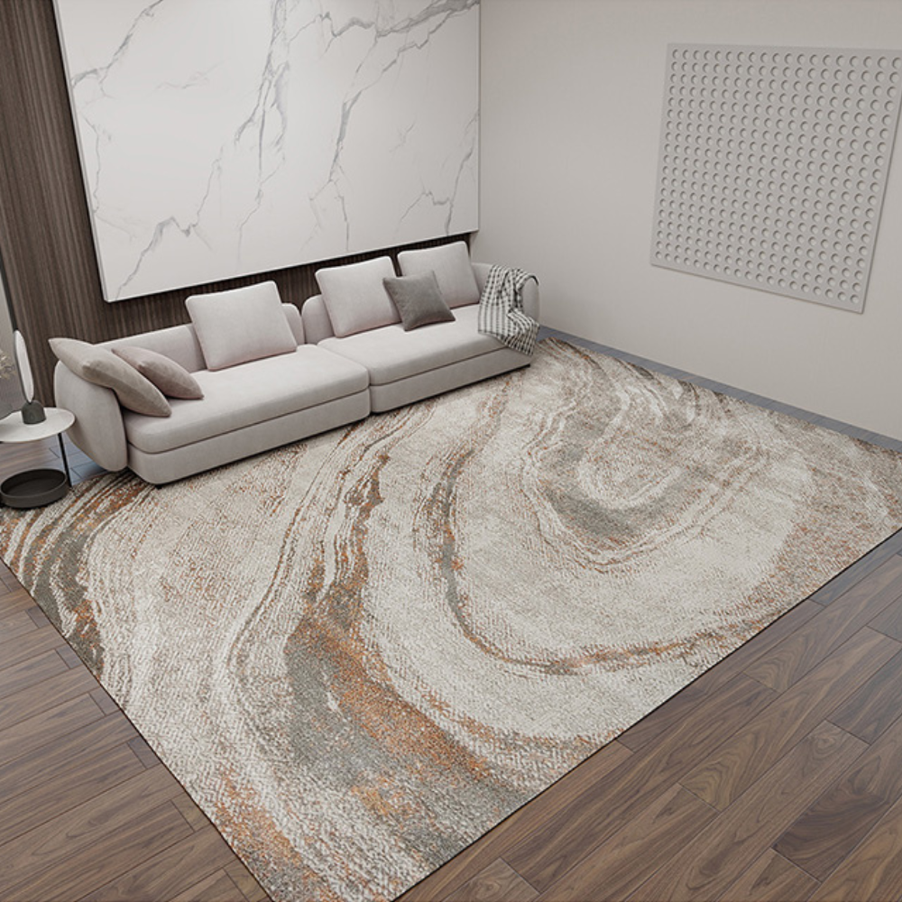 Abstract textured rug in gray and beige with orange swirls for a modern home decor